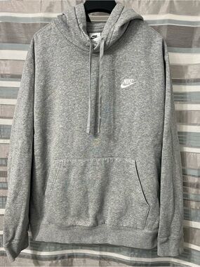 Nike Gray Pullover Hoodie with White Embroidered Swoosh-Flaw on String